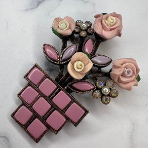 Vintage 1980s Pink Pastel Flower Pot Rhinestone Pearl Brooch Signed Greenwich